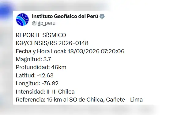 IGP reporta sismo en Cañete, Lima