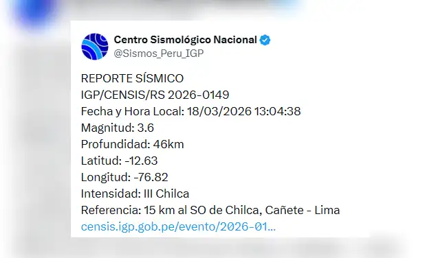 Temblor de magnitud 3,6 se registró hoy en Cañete, informa IGP