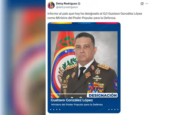 La Jefa de Estado venezolano designa a Gustavo Gonzáles como nuevo ministro de Defensa. Foto: Captura de X /Delcy Rodríguez