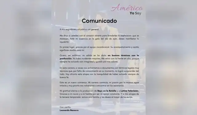 Comunicado de Américo de Yo soy sobre su salida del programa. Foto: Instagram