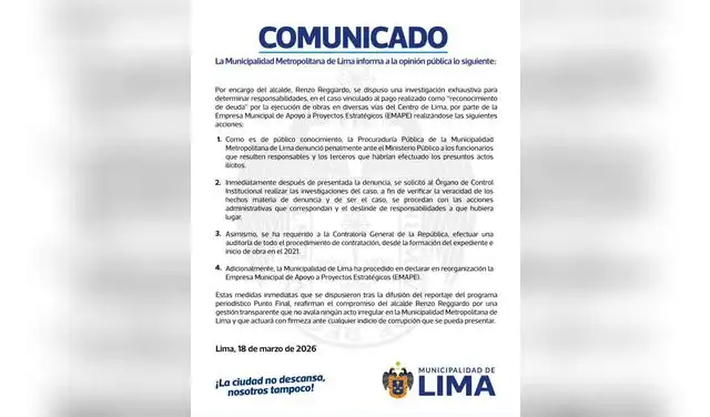 Municipalidad de Lima anuncia reorganización de Emape