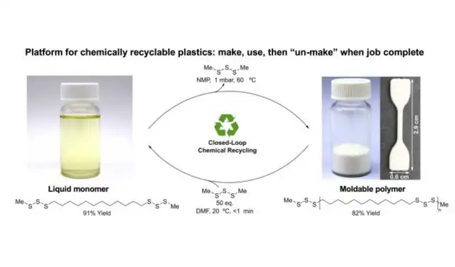 Diagrama que ilustra la aplicación de la reacción de metátesis de trisulfuro para la obtención de plástico reciclable. Foto: Universidad de Flinders Diagrama que ilustra la aplicación de la reacción de metátesis de trisulfuro para la obtención de plástico reciclable. Foto: Universidad de Flinders