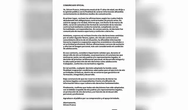 Comunicado oficial de Stiven Franco tras declaraciones de su exjefe Óscar Custodio Comunicado oficial de Stiven Franco tras declaraciones de su exjefe Óscar Custodio