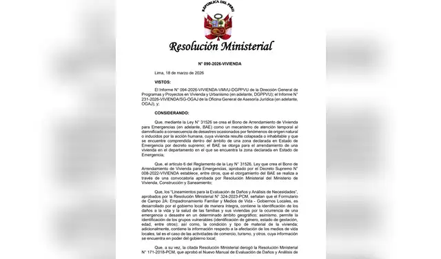 La resolución ministerial del MVCS. Foto: El Peruano  
