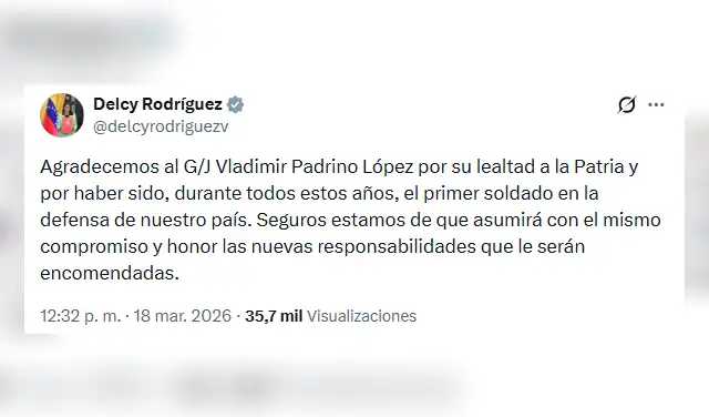 Mensaje de la mandataria venezolana a su antiguo titular de Defensa. Foto: Captura de pantalla X / Delcy Rodríguez Mensaje de la mandataria venezolana a su antiguo titular de Defensa. Foto: Captura de pantalla X / Delcy Rodríguez