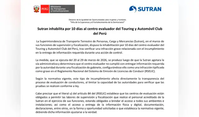 Comunicado de Sutran sobre cierre de Touring Conchán.