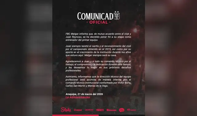 Comunicado de Melgar sobre Juan Reynoso. Foto: Melgar Comunicado de Melgar sobre Juan Reynoso. Foto: Melgar
