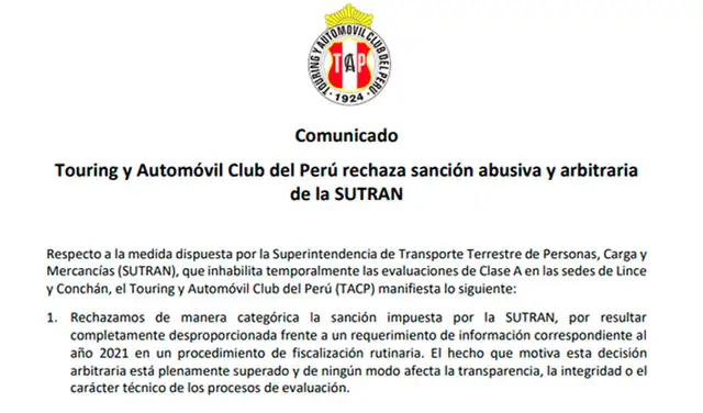 Touring rechaza sanción de la Sutran.