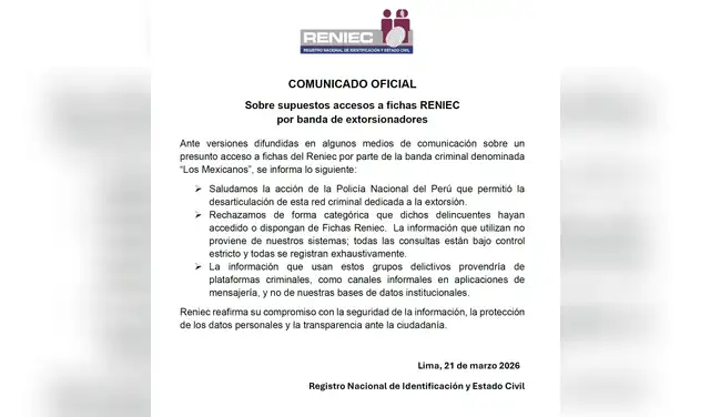 Reniec emite comunicado. Foto: difusión Reniec emite comunicado. Foto: difusión