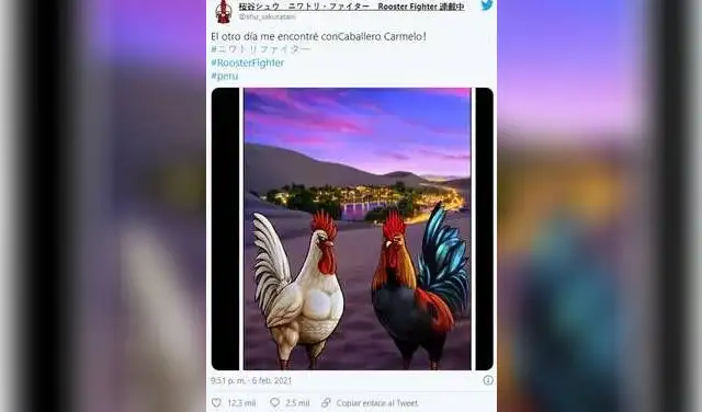 Autor de 'Rooster Fighter' compartió en 2021 una ilustración de su gallo, Keiji, junto al Caballero Carmelo en el oasis de La Huachina. Foto: X Autor de 'Rooster Fighter' compartió en 2021 una ilustración de su gallo, Keiji, junto al Caballero Carmelo en el oasis de La Huachina. Foto: X