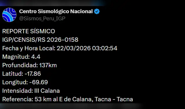 Sismo en Tacna. Foto: IGP