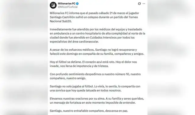 Mensaje de Millonarios tras el fallecimiento de Santiago Castrillón. Foto: FC Millonarios  