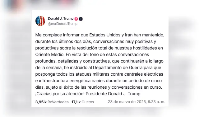 Pronunciamiento de Trump sobre una supuesta negociación con Irán. Foto: @realDonaldTrump/Truth Social