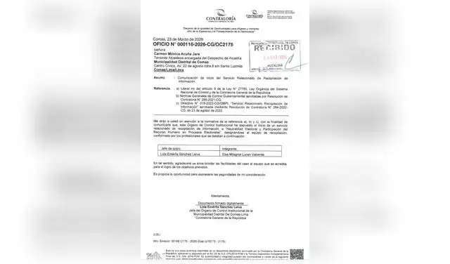 La Contraloría General de la República notificó a la Municipalidad de Comas el inicio de una supervisión para garantizar neutralidad electoral.