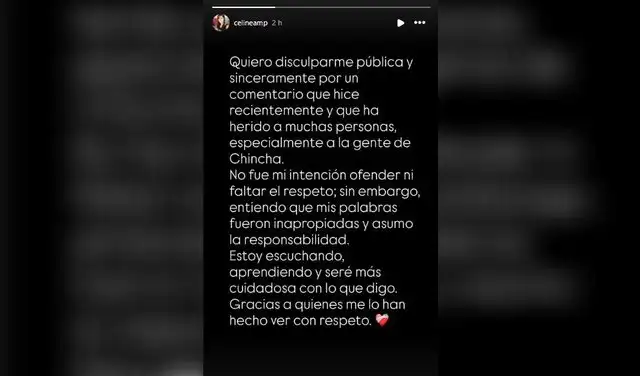 Celine Aguirre utilizó sus redes sociales para disculparse con chinchanos.