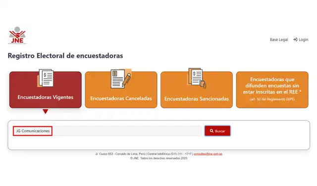 JG Comunicaciones no aparece en la búsqueda del Registro Electoral de Encuestadoras del JNE. Foto: Jurado Nacional de Elecciones