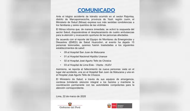Comunicado del Minsa respecto al accidente en Rajuntay en la región Junín.