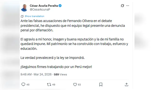 Comunicado de César Acuña en su cuenta de X sobre las medidas que tomará contra Fernando Olivera