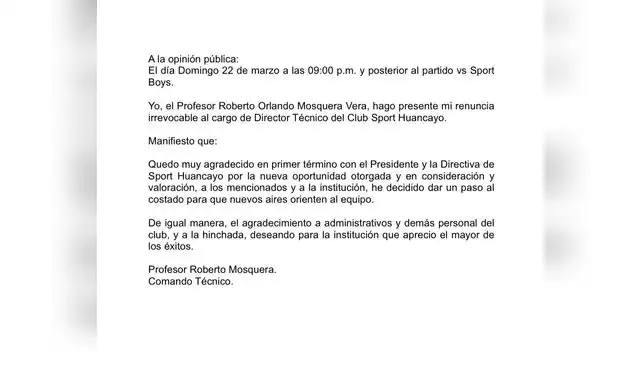 Comunicado Roberto Mosquera. Foto: X Comunicado Roberto Mosquera. Foto: X