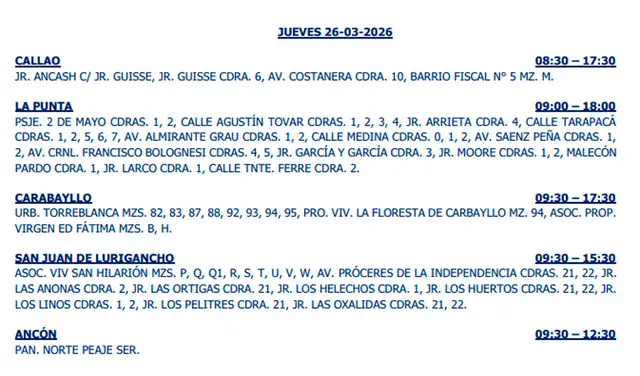Cronograma de corte de luz en Lima y Callao.