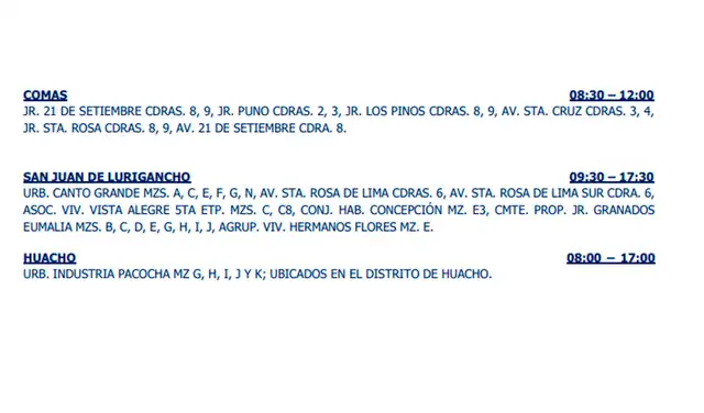 Cronograma de corte de luz en Lima y Callao.