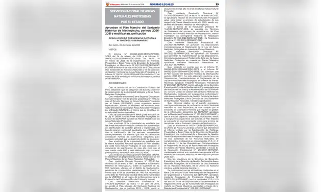 La documento que aprueba el Plan Maestro de Machu Picchu. Foto: El Peruano  