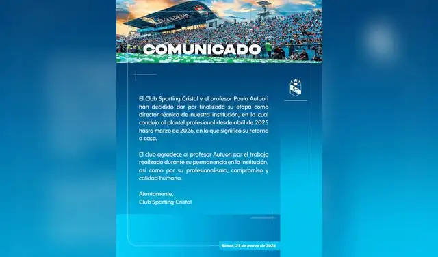 Comunicado de Sporting Cristal sobre Paulo Autuori. Foto: Sporting Cristal.  