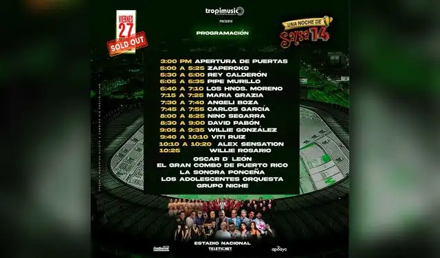 Horario de las presentaciones de los artistas de 'Una noche de salsa 14'. Foto: difusión Horario de las presentaciones de los artistas de 'Una noche de salsa 14'. Foto: difusión
