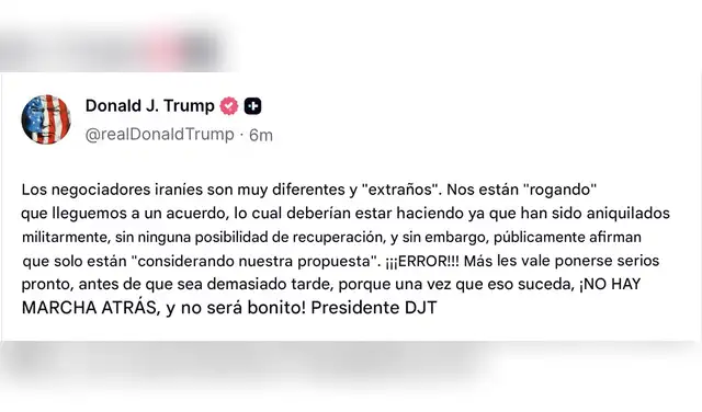 Mensaje del mandatario estadounidense en su plataforma Truth Social. Foto: Captura de pantalla