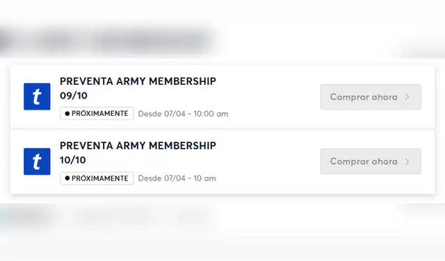 Preventa ARMY Membership. Foto: Ticketmaster
