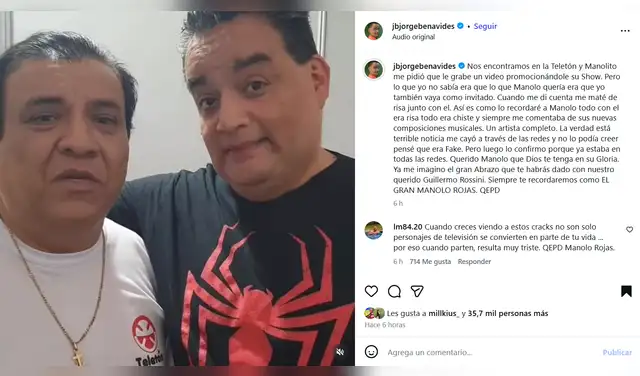 Mensaje de despedida de 'JB' por fallecimiento del comediante Manolo Rojas. Foto: jbjorgebenavides   