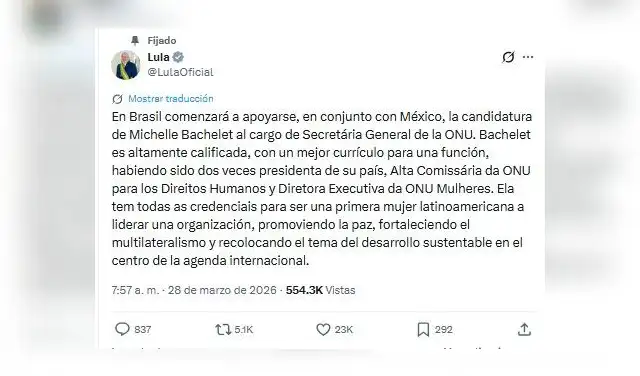 Pronunciamiento del presidente brasileño, Lula da Siva, sobre su apoyo a Bachelet. Foto: @LulaOficial/X