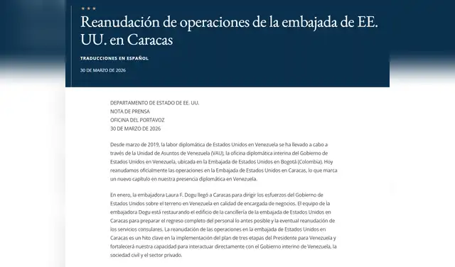 Nota de prensa sobre la reanudación de operaciones de la embajada en Caracas. Foto: Departamento de Estado de EE.UU.