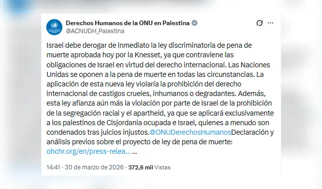Pronunciamiento de la ONU sobre la ley de pena de muerte contra palestinos aprobada por Israel. Foto: @ACNUDH_Palestina Pronunciamiento de la ONU sobre la ley de pena de muerte contra palestinos aprobada por Israel. Foto: @ACNUDH_Palestina