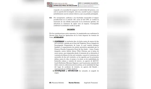 Resolución que confirma la prisión preventiva en contra de Adrian Villar por el asesinato de Lizeth Marzano. Resolución que confirma la prisión preventiva en contra de Adrian Villar por el asesinato de Lizeth Marzano.