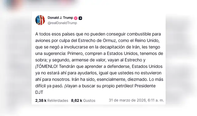 Pronunciamiento del presidente de EE.UU. sobre las naciones que no participaron en la guerra. Foto: @realDonaldTrump/Truth Social