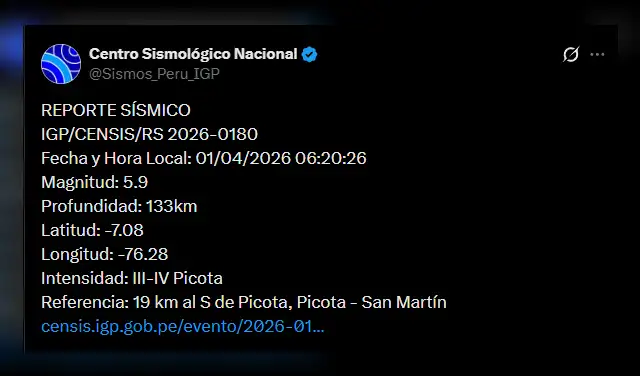 Sismo en San Martín. Foto: IGP