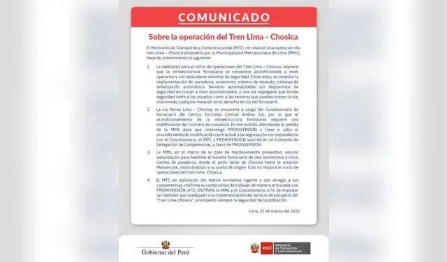 Comunicado del Ministerio de Transportes y Comunicaciones (MTC).