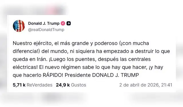Aumentan las amenazas del presidente de EE.UU. contra Irán. Foto: @realDonaldTrump/TruthSocial