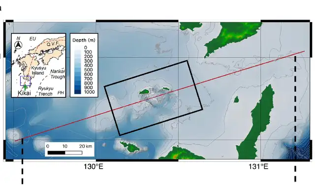 Mapa del área de estudio en Japón. El volcán de la caldera Kikai se encuentra dentro del rectángulo. Foto: Nature