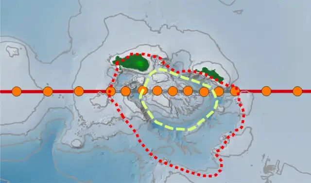 Ubicación de la caldera exterior (línea punteada roja) y el domo de lava central posterior a la caldera (línea amarilla). Foto: Nature