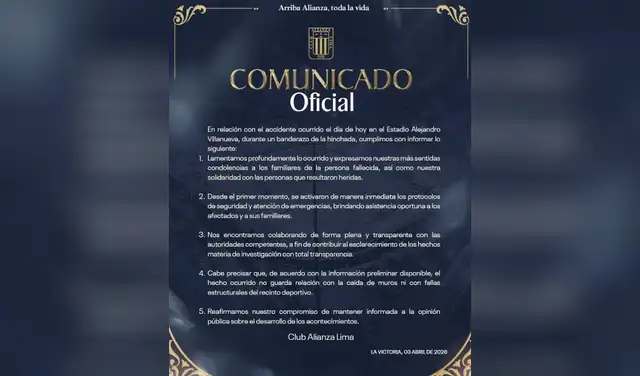 Comunicado de Alianza Lima sobre el incidente dentro del estadio Alejandro Villanueva 'Matute'. Foto: difusión.  