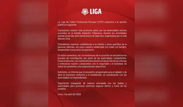 Liga 1 se pronuncia y confirma programación del partido pese a tragedia en Matute   