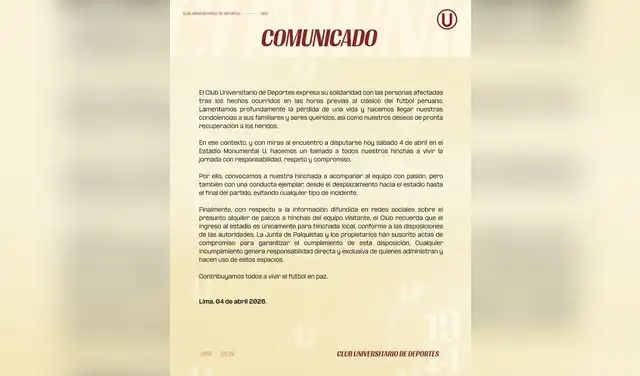 Comunicado de Universitario. Foto: Universitario/X