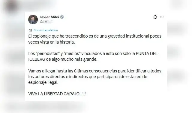 Denuncia de Milei sobre la campaña de desinformación rusa en medios argentinos. Foto: @JMilei/X