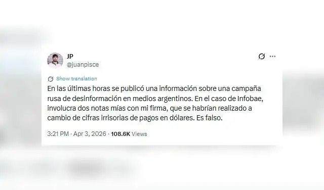 Descargo del periodista Juan Piscetta sobre sus dos notas en Infobae, vinculado al caso de espionaje ruso. Foto: @juanpisce/X