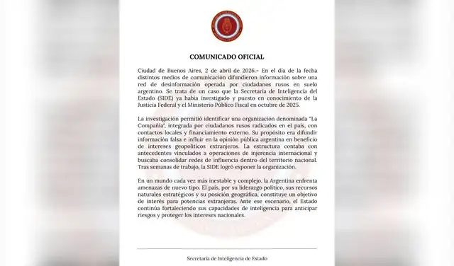 Comunicado de la Secretaría de Inteligencia del Estado sobre la campaña rusa de desinformación. Foto: SIDE/X