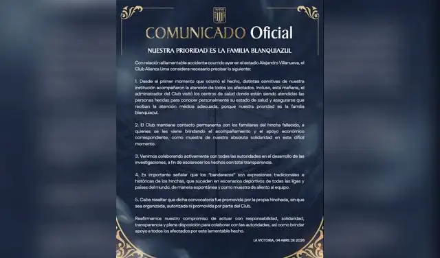 Nuevo comunicado del club Alianza Lima