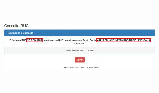 No se halla registro de ‘A un peruano informado nadie le engaña’ en la Sunat. Foto: Sunat No se halla registro de ‘A un peruano informado nadie le engaña’ en la Sunat. Foto: Sunat