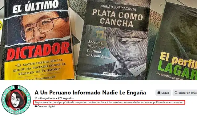 Descripción de la página de Facebook de ‘A un peruano informado nadie le engaña’. Foto: Facebook Descripción de la página de Facebook de ‘A un peruano informado nadie le engaña’. Foto: Facebook